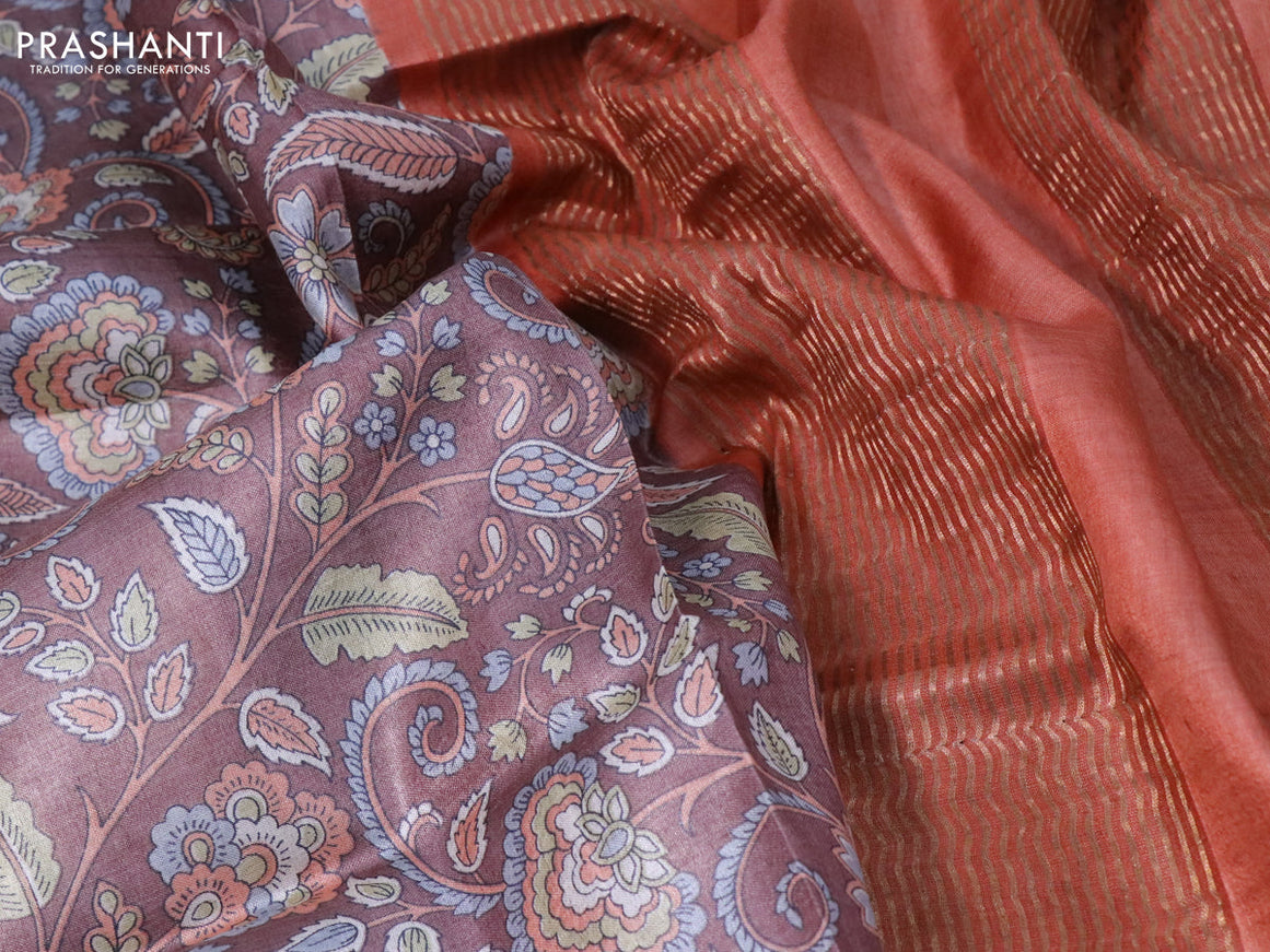 Pure tussar silk saree brown and rustic orange with allover kalamkari prints and zari woven border -