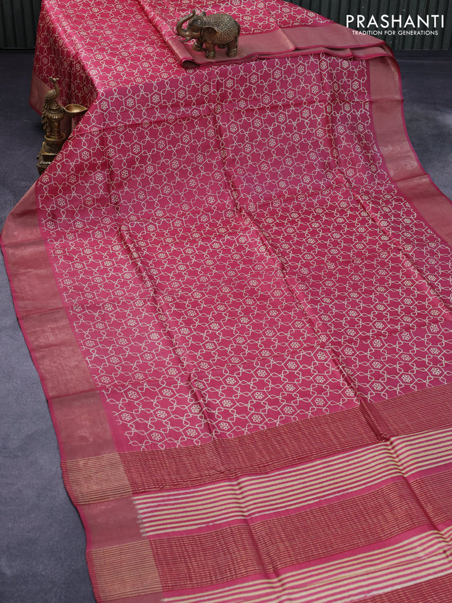 Pure tussar silk saree pink with allover geometric prints and zari woven border -