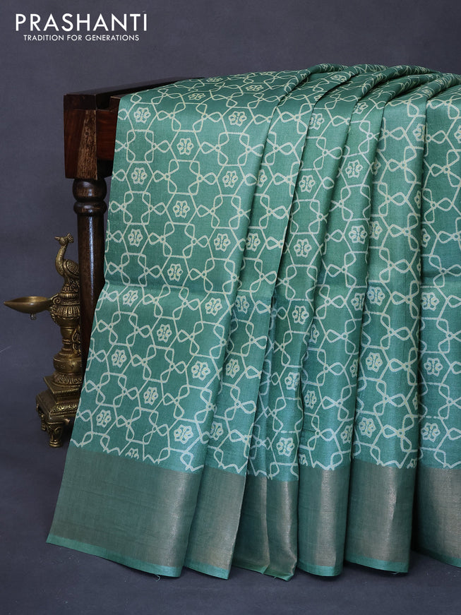 Pure tussar silk saree green with allover geometric prints and zari woven border -