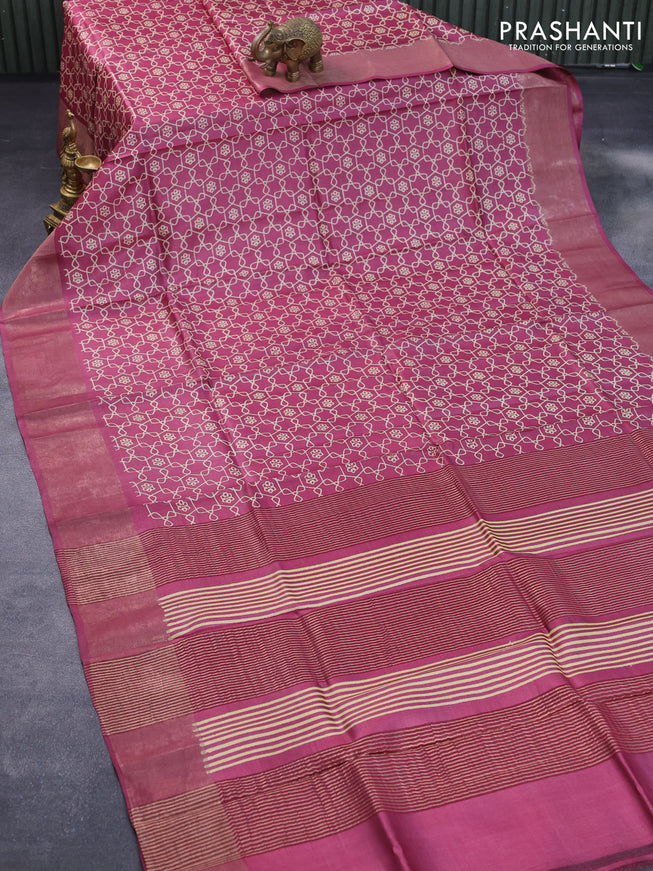 Pure tussar silk saree dark pink with allover geometric prints and zari woven border -
