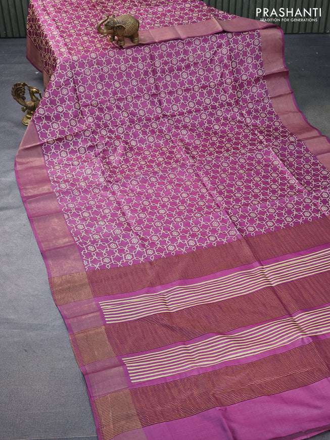 Pure tussar silk saree purple with allover geometric prints and zari woven border -