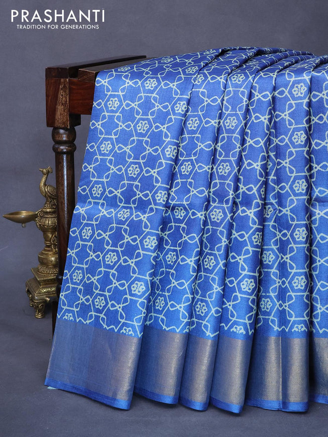 Pure tussar silk saree cs blue with allover geometric prints and zari woven border -