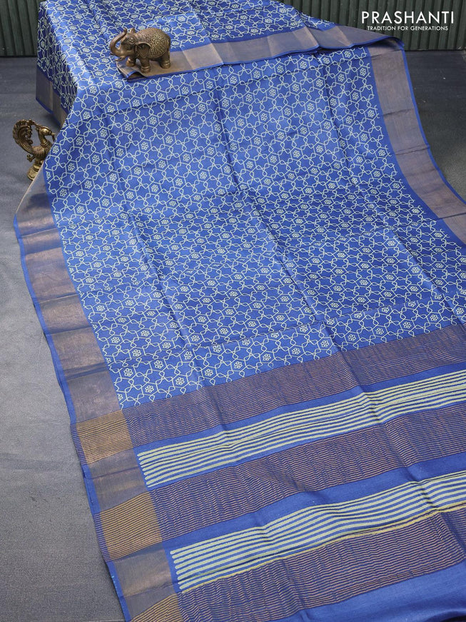 Pure tussar silk saree cs blue with allover geometric prints and zari woven border -