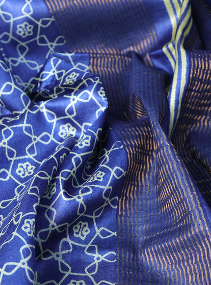 Pure tussar silk saree cs blue with allover geometric prints and zari woven border -