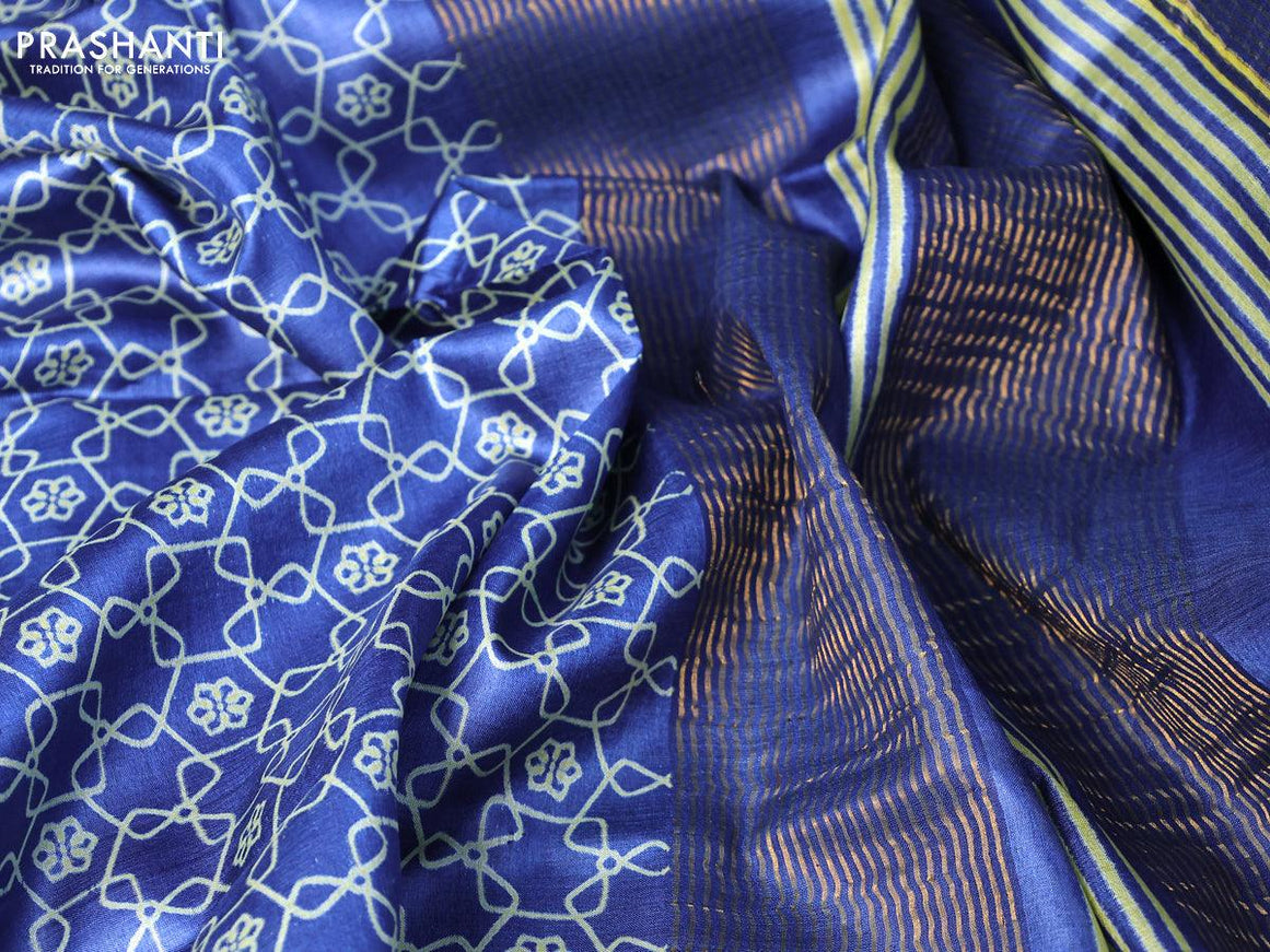 Pure tussar silk saree cs blue with allover geometric prints and zari woven border -