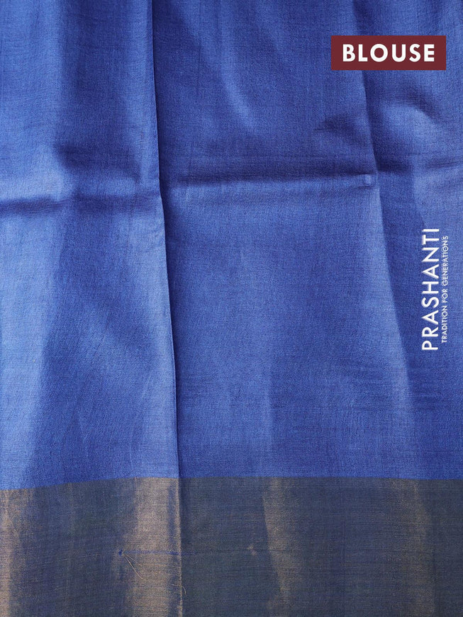 Pure tussar silk saree cs blue with allover geometric prints and zari woven border -