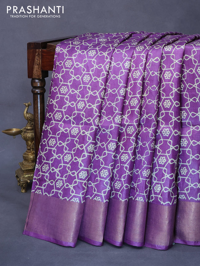 Pure tussar silk saree violet with allover geometric prints and zari woven border -