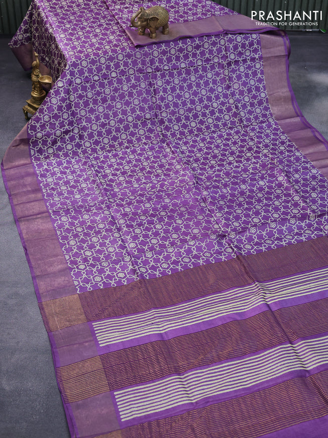 Pure tussar silk saree violet with allover geometric prints and zari woven border -