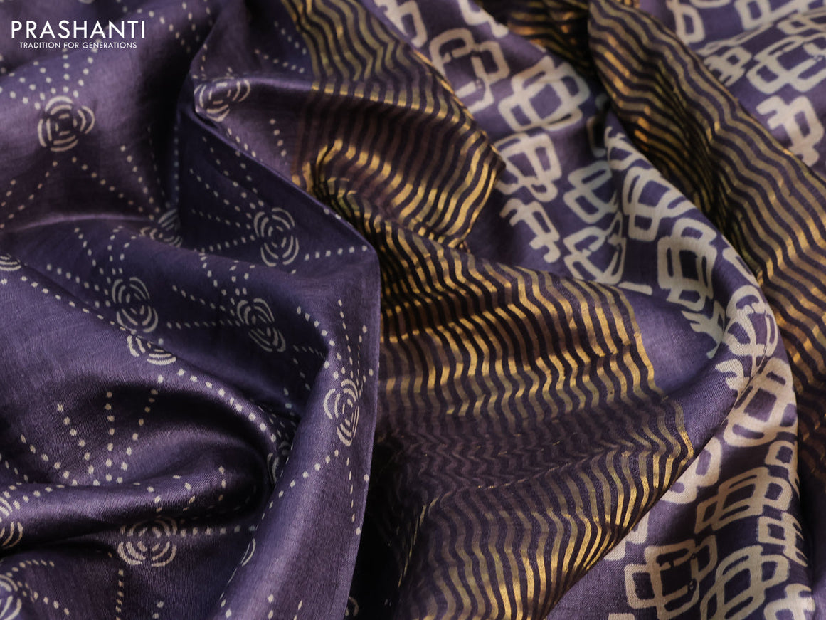 Pure tussar silk saree grey shade with allover prints and zari woven border -