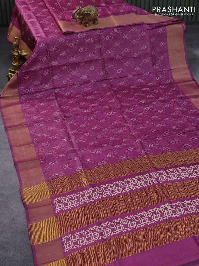Pure tussar silk saree purple with allover prints and zari woven border -
