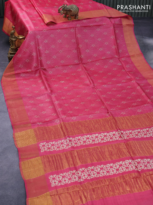 Pure tussar silk saree pink with allover prints and zari woven border -