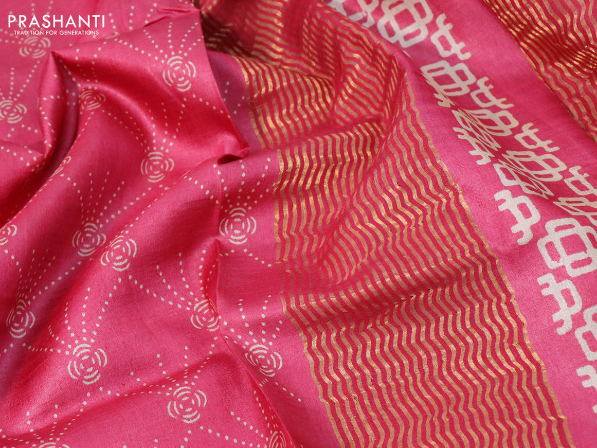 Pure tussar silk saree pink with allover prints and zari woven border -