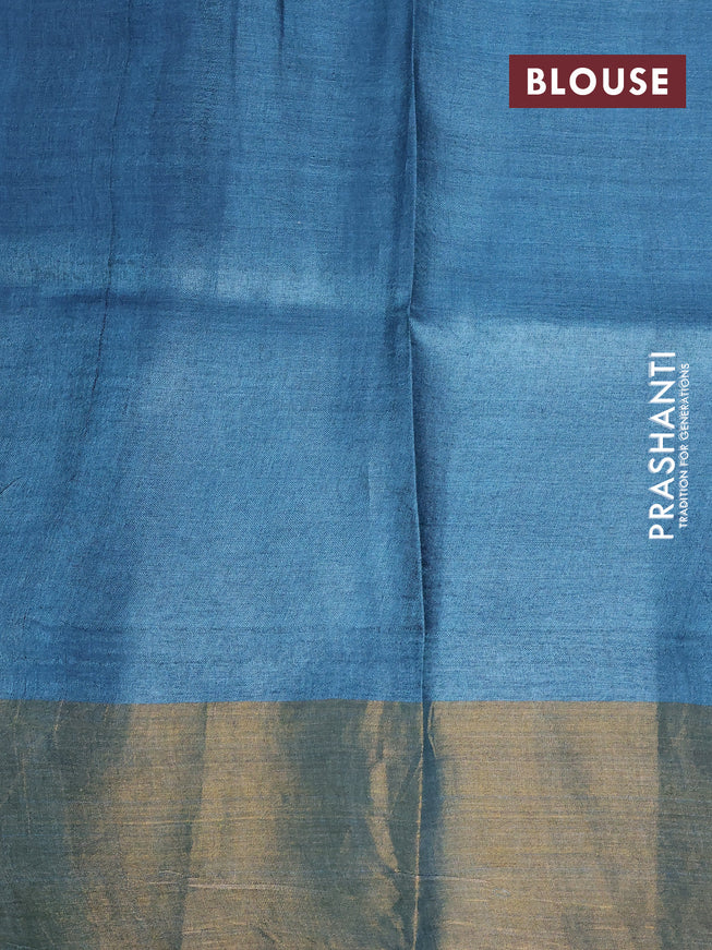 Pure tussar silk saree blue shade with allover prints and zari woven border -
