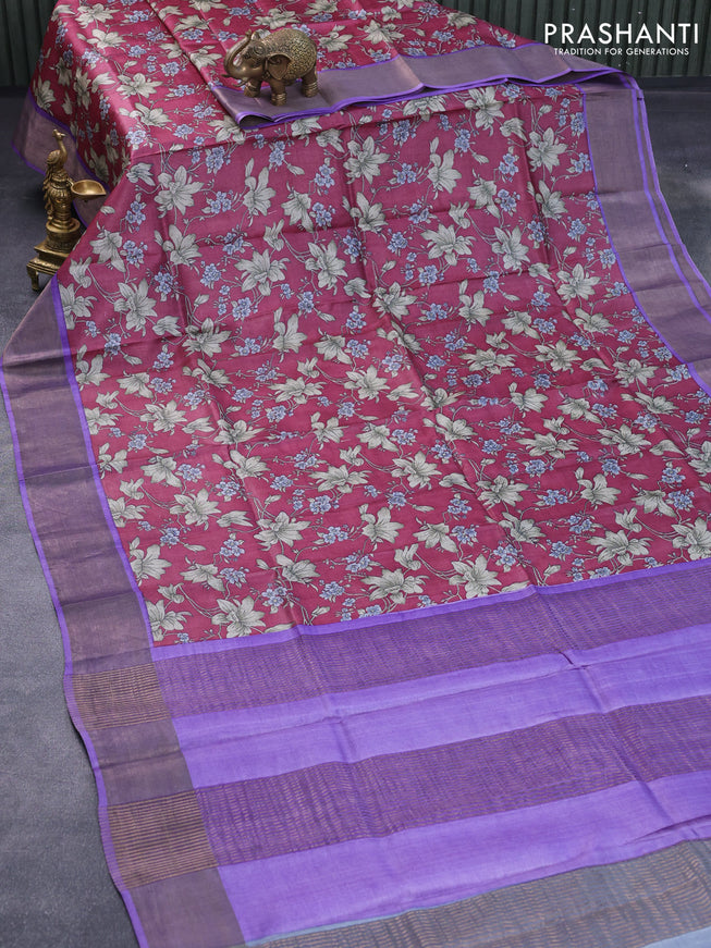 Pure tussar silk saree maroon and violet with allover floral prints and zari woven border -