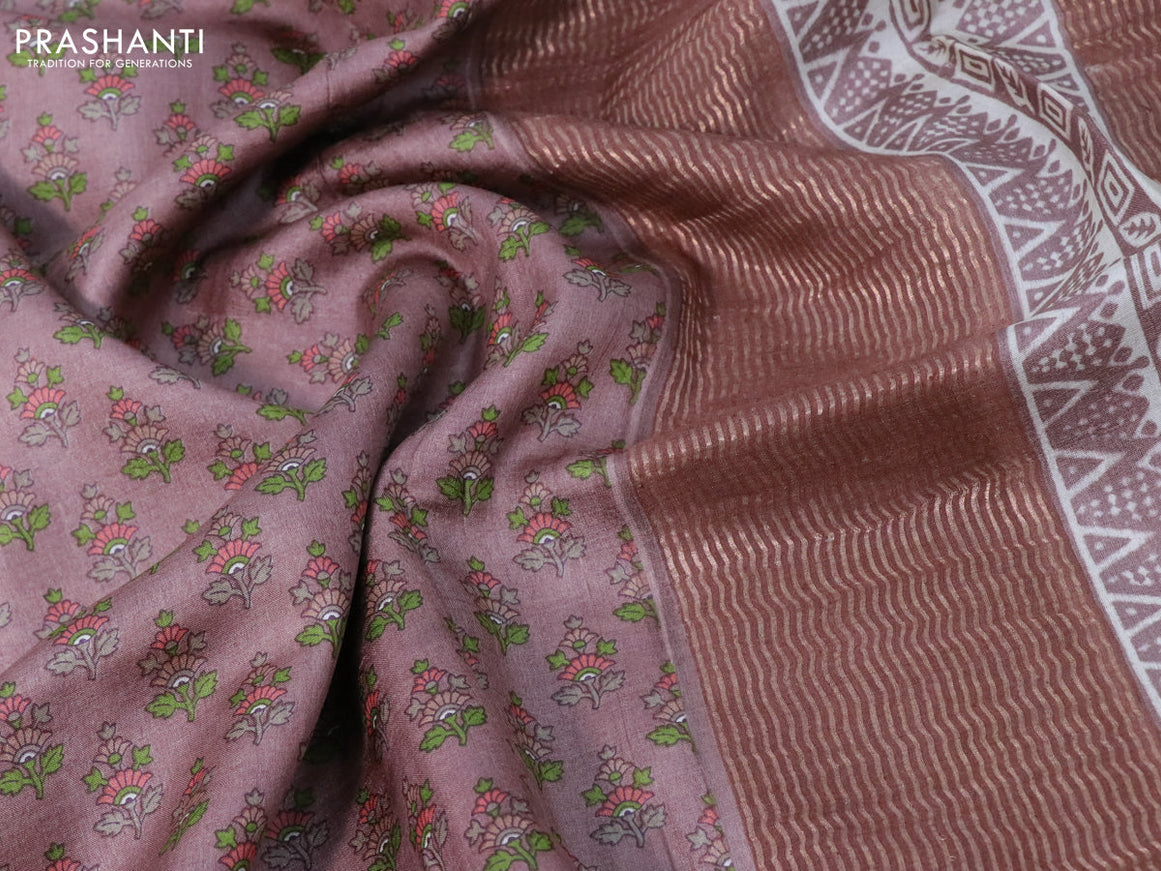 Pure tussar silk saree brown with allover butta prints and zari woven border -