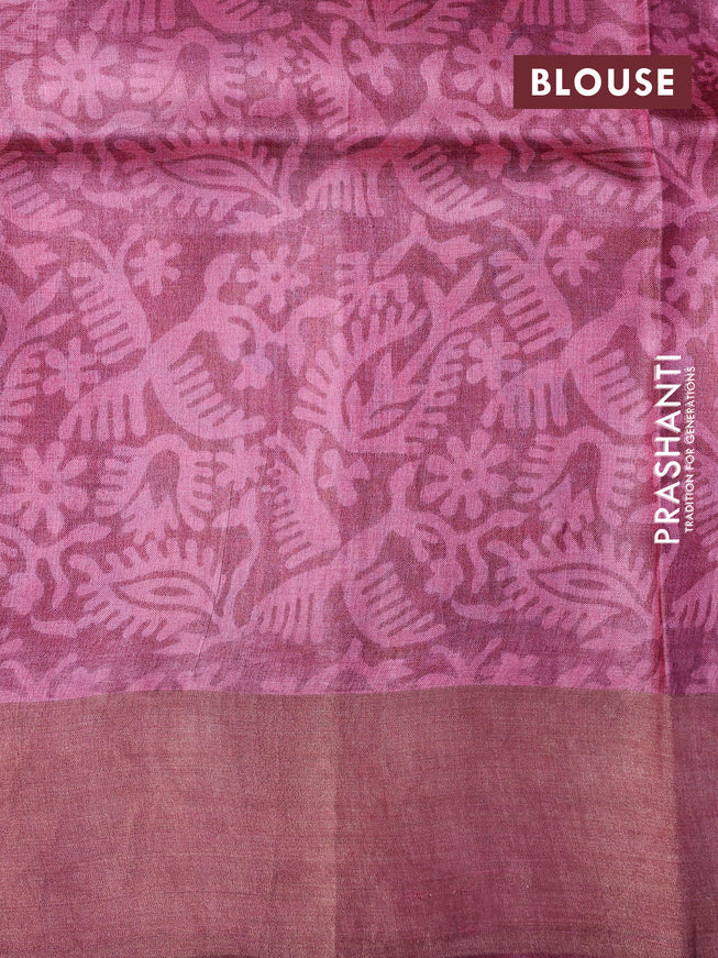 Pure tussar silk saree rustic orange and maroon with allover prints and zari woven border -