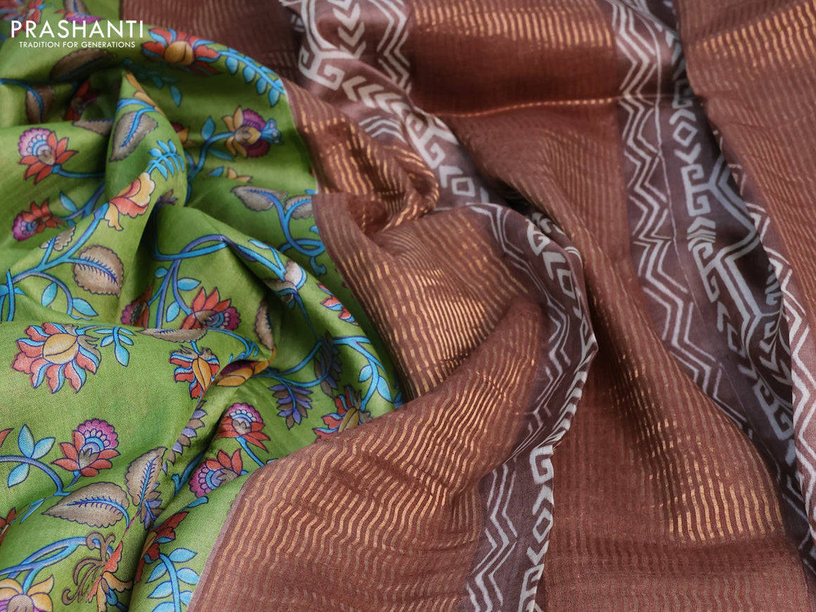 Pure tussar silk saree light green and brown with allover prints and zari woven border -
