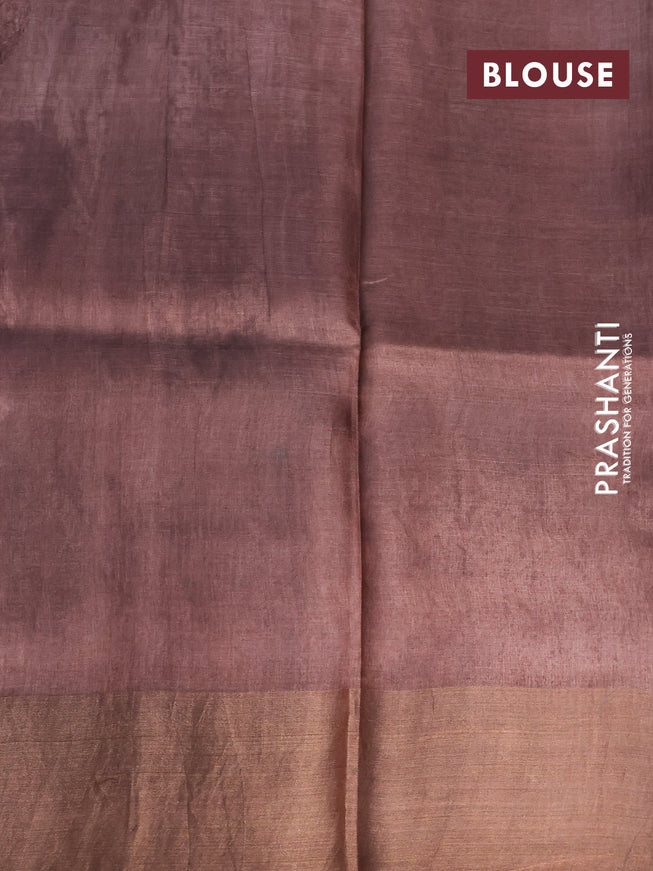 Pure tussar silk saree light green and brown with allover prints and zari woven border -
