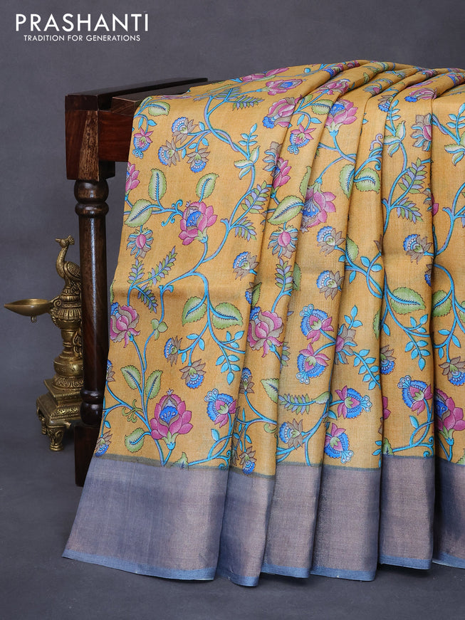 Pure tussar silk saree mustard yellow and grey with allover prints and zari woven border -