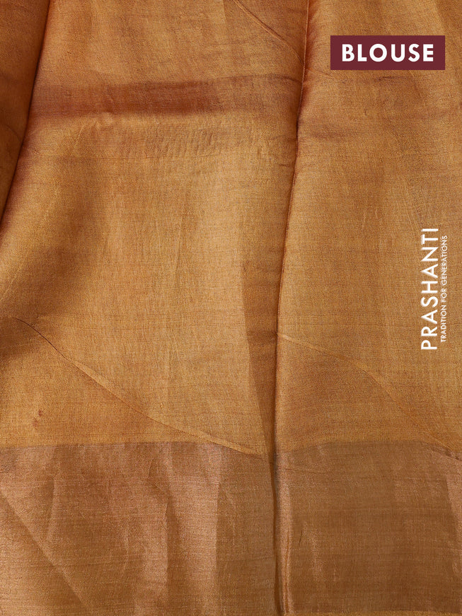 Pure tussar silk saree rust shade and mustard yellow with allover prints and zari woven border -