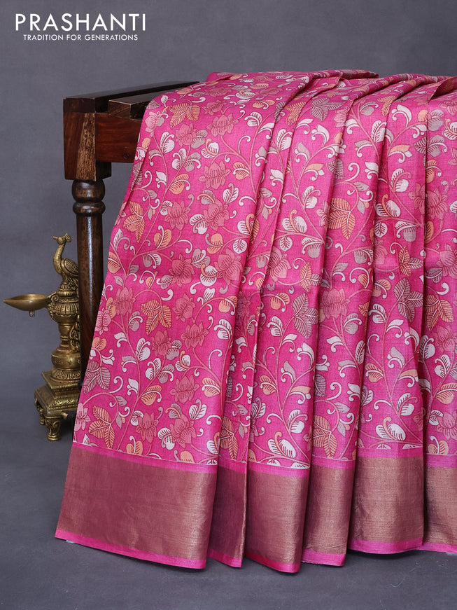 Pure tussar silk saree pink with allover kalamkari prints and zari woven border -