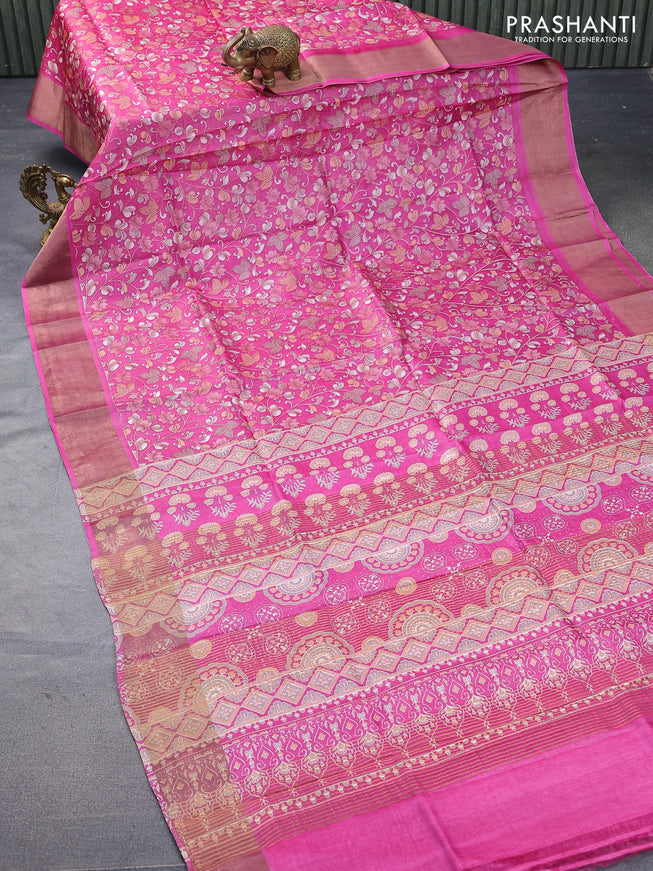 Pure tussar silk saree pink with allover kalamkari prints and zari woven border -