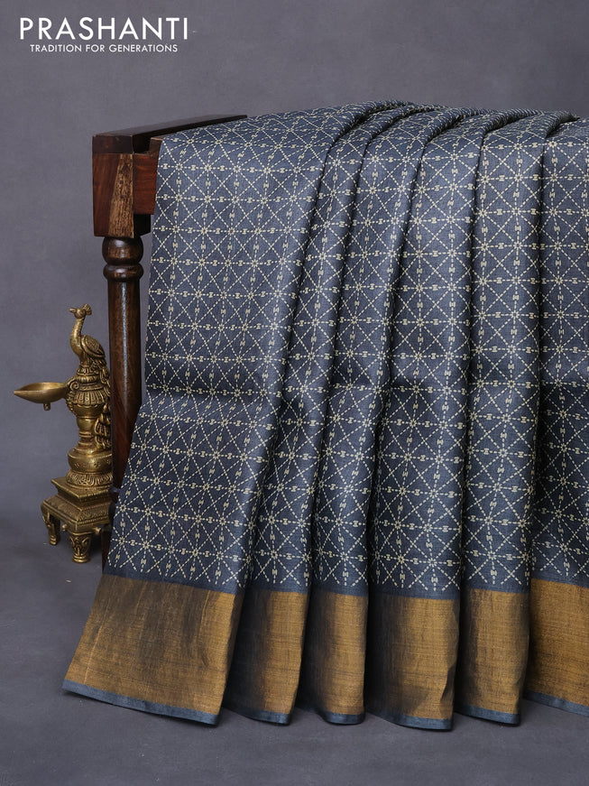 Pure tussar silk saree elephant grey with allover geometric prints and zari woven border -