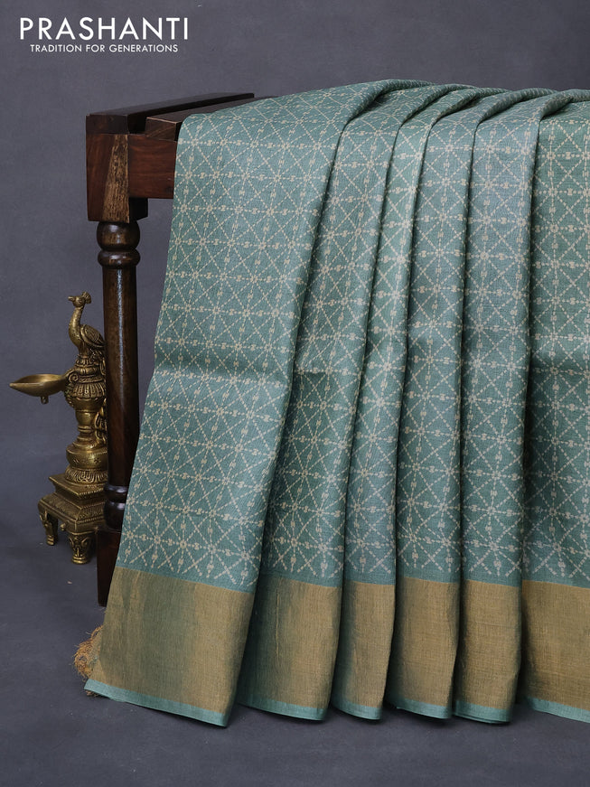 Pure tussar silk saree pastel green with allover geometric prints and zari woven border -