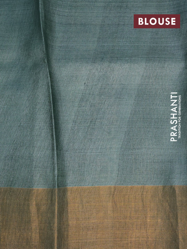 Pure tussar silk saree pastel green with allover geometric prints and zari woven border -