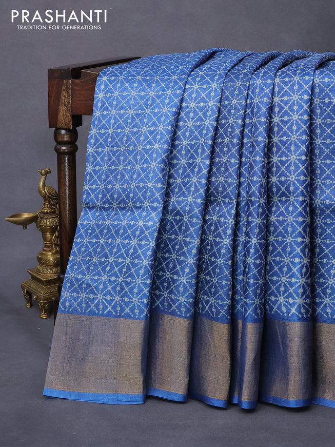 Pure tussar silk saree blue with allover geometric prints and zari woven border -