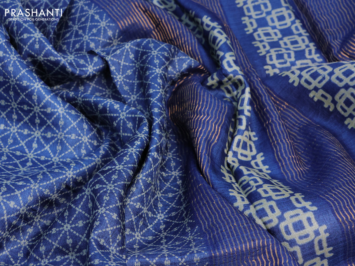 Pure tussar silk saree blue with allover geometric prints and zari woven border -