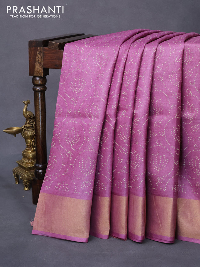 Pure tussar silk saree purple shade with allover prints and zari woven border -