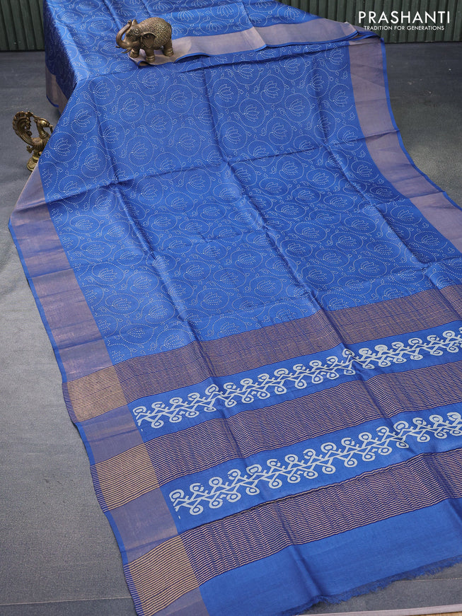 Pure tussar silk saree blue with allover prints and zari woven border -