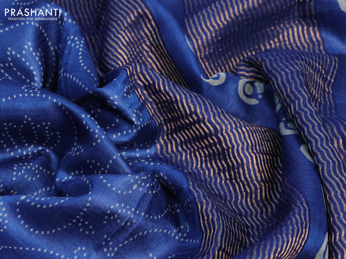 Pure tussar silk saree blue with allover prints and zari woven border -
