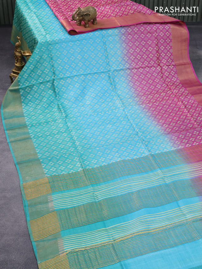 Pure tussar silk saree light blue and magenta pink teal blue with allover prints and zari woven border -