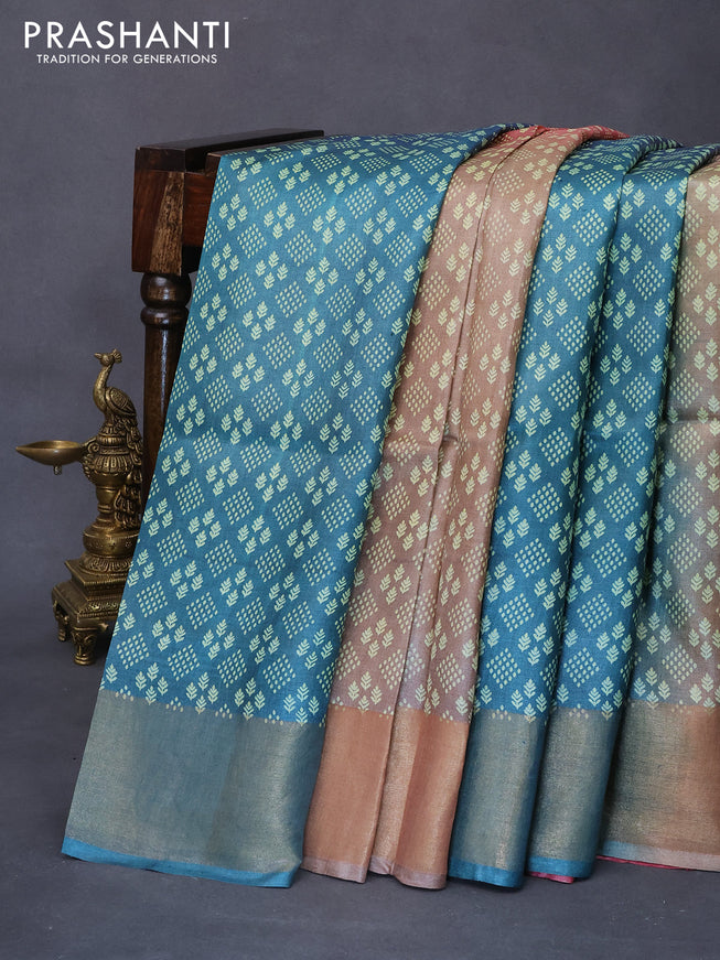 Pure tussar silk saree pink shade and brown peacock blue with allover prints and zari woven border -