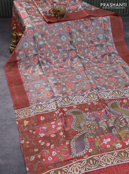 Pure tussar silk saree brown shade and red shade with allover kalamkari prints and zari woven border -