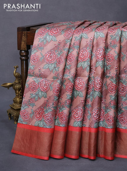 Pure tussar silk saree pastel brown and red with allover floral prints and zari woven border -