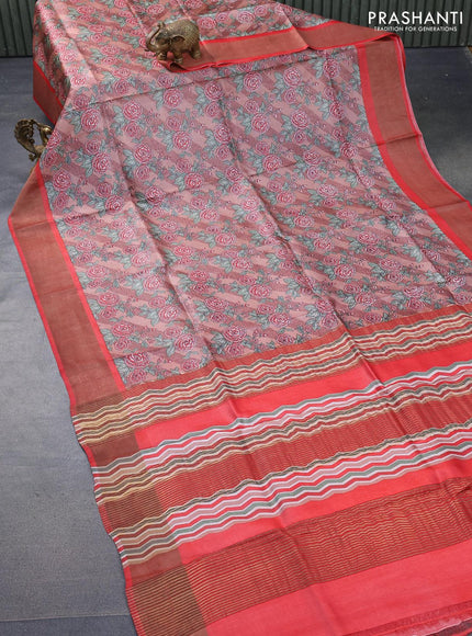 Pure tussar silk saree pastel brown and red with allover floral prints and zari woven border -