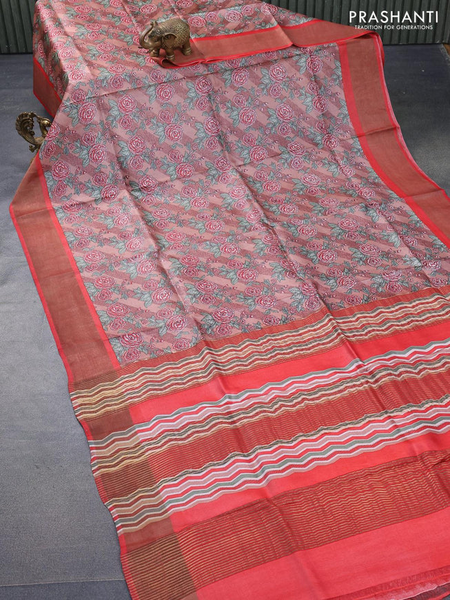 Pure tussar silk saree pastel brown and red with allover floral prints and zari woven border -