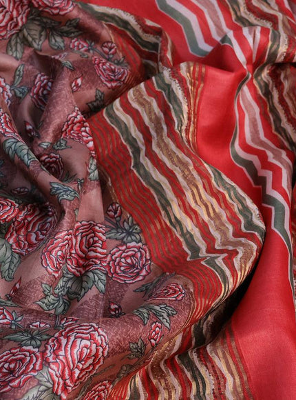 Pure tussar silk saree pastel brown and red with allover floral prints and zari woven border -