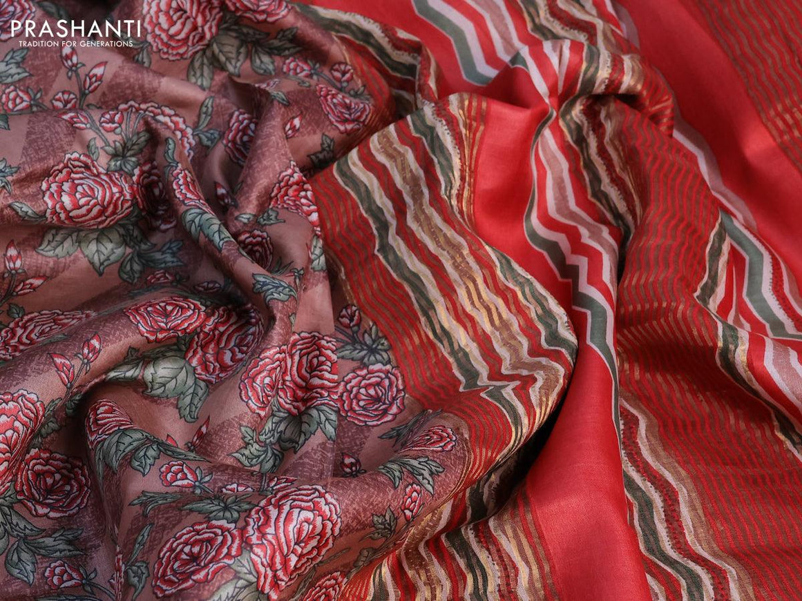 Pure tussar silk saree pastel brown and red with allover floral prints and zari woven border -