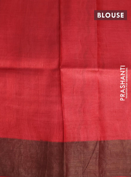 Pure tussar silk saree pastel brown and red with allover floral prints and zari woven border -