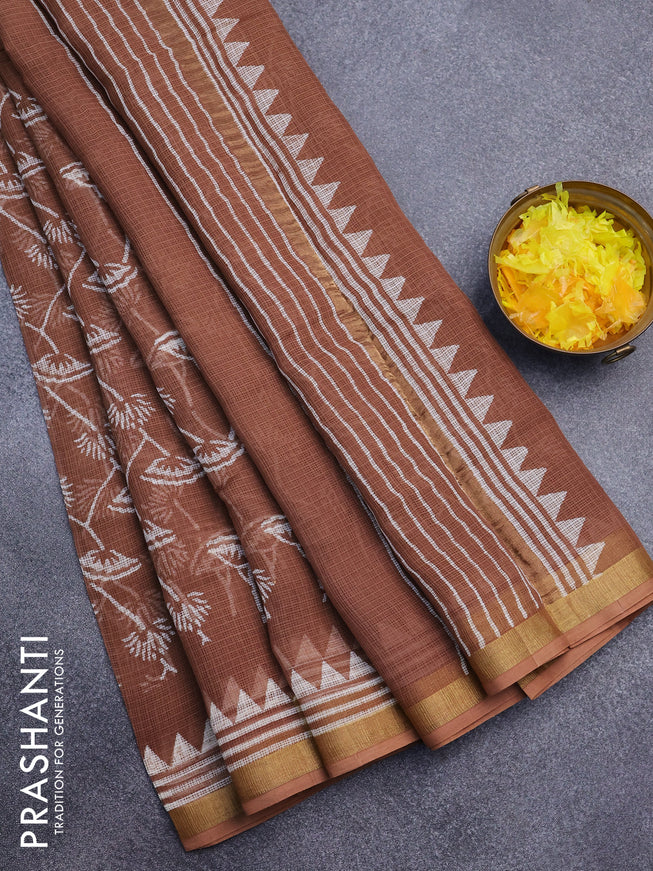 Kota saree brown shade with allover prints and zari woven border