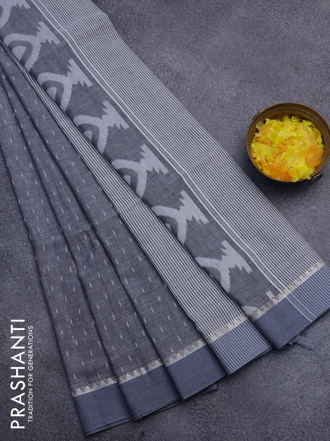 Khadi cotton saree grey with allover thread weaves and temple design simple border -