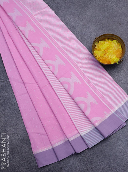 Khadi cotton saree light pink and grey shade with allover thread weaves and temple design simple border -