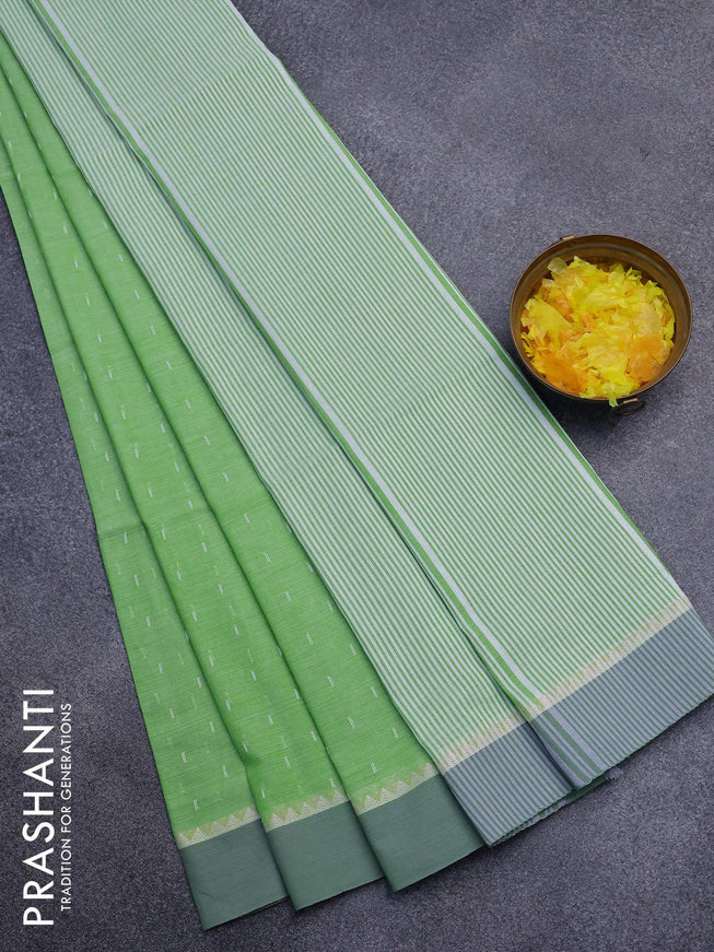 Khadi cotton saree light green with allover thread weaves and temple design simple border -