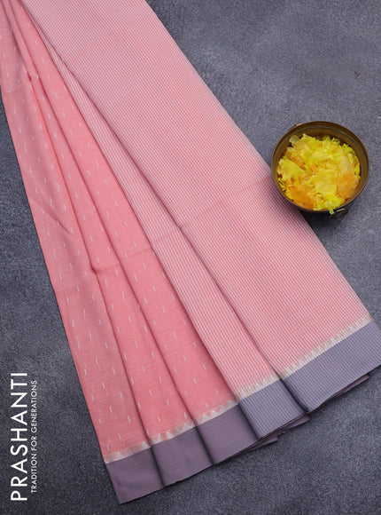 Khadi cotton saree peach pink with allover thread weaves and temple design simple border -