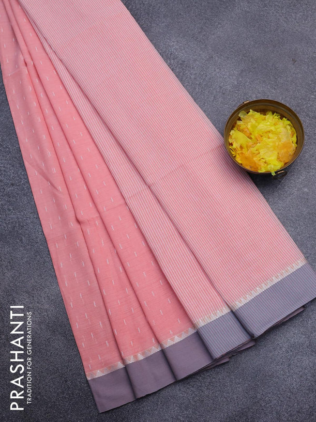 Khadi cotton saree peach pink with allover thread weaves and temple design simple border -