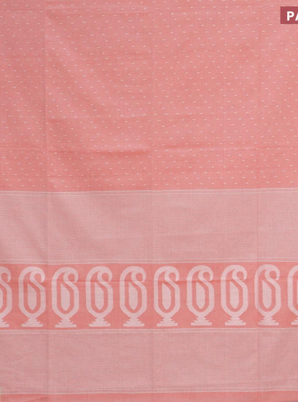 Khadi cotton saree peach pink with allover thread weaves and temple design simple border -